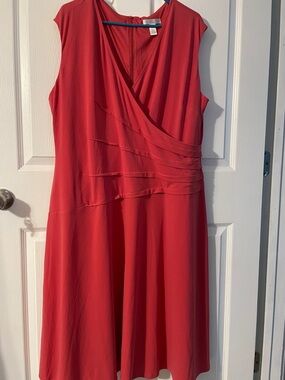 London Times Red Sleeveless Faux-Wrap Midi Dress